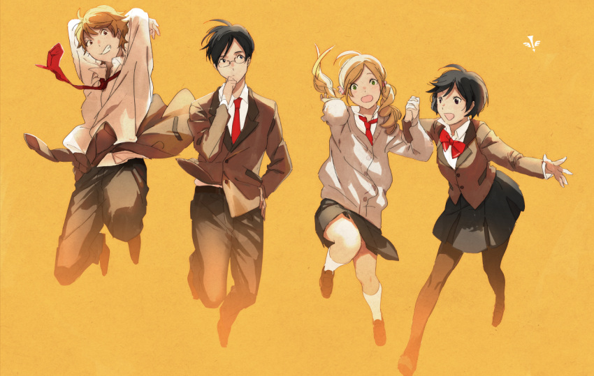 2boys, 2girls, aldnoah.zero, amifumi_inko, black_hair, brown_hair, glasses, long_hair