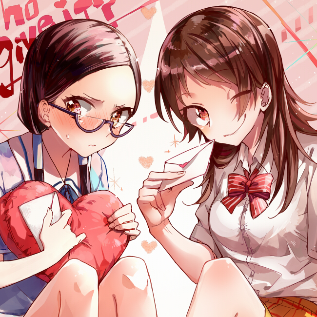 2girls, akizuki_buranko, black_hair, blush, brown_eyes, brown_hair, glasses, heart