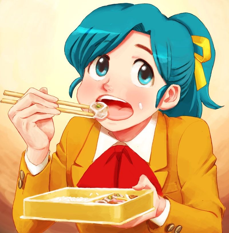 1girl, chopsticks, eating, food, food_on_face, green_hair, hair_ribbon, high_school!_kimengumi, lafolie, long_hair, obentou, open_mouth, ponytail, ribbon, rice, rice_on_face, shuumai, solo, uru_chie