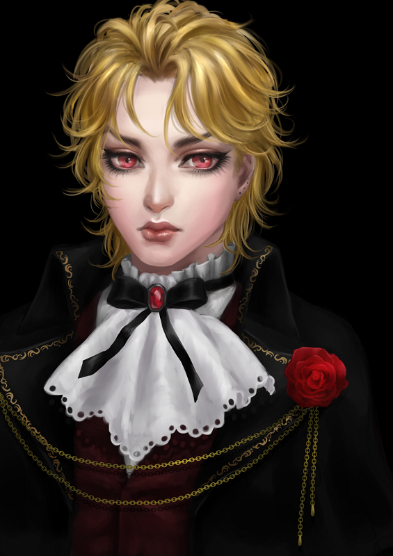 1boy, birthmark, black_background, blonde_hair, chain, dio_brando, flower, formal