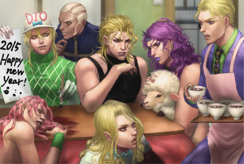 2015, apron, blonde_hair, blood, blue_eyes, corpse, cup, diavolo