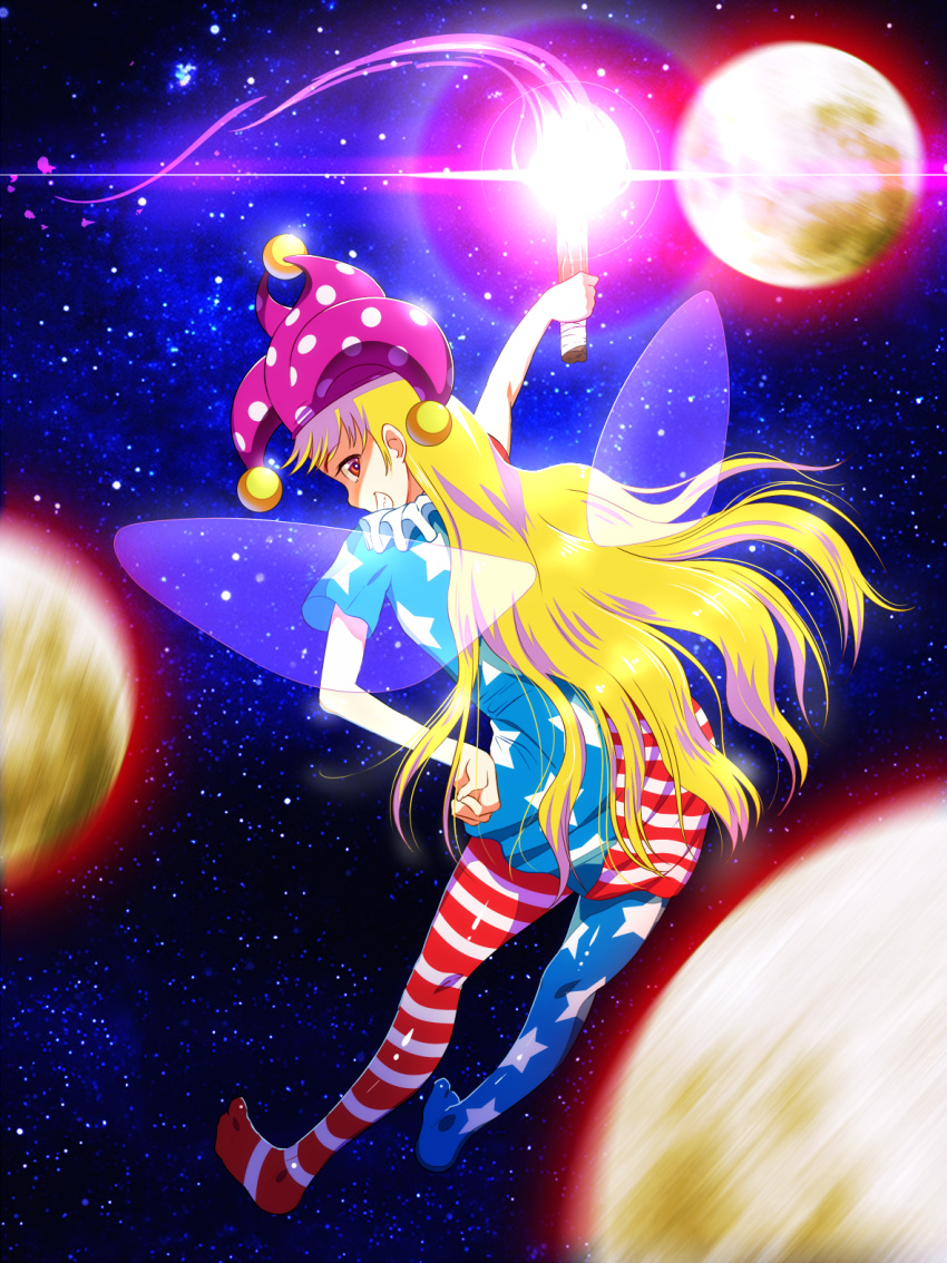 1girl, aichi_genjin, american_flag_legwear, american_flag_shirt, blonde_hair, clownpiece, fairy_wings, grin