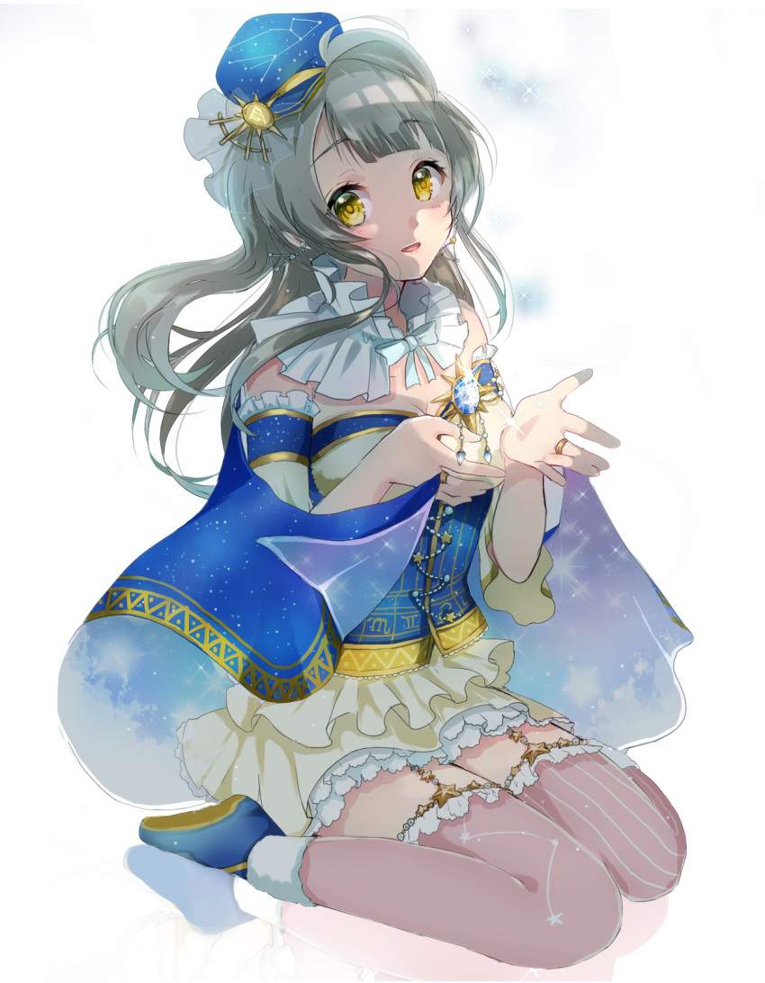 1girl, akamega, blue_footwear, cape, constellation, detached_collar, detached_sleeves, earrings
