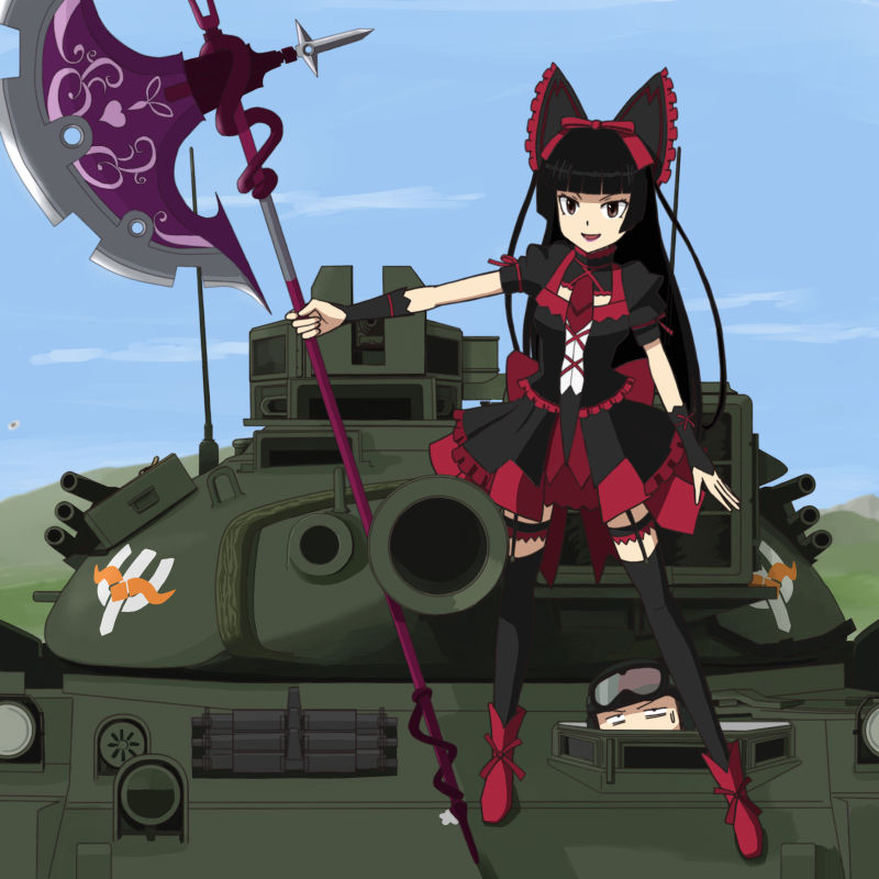 1girl, commentary_request, electro, gate_-_jieitai_ka_no_chi_nite_kaku_tatakaeri, gothic_lolita, halberd, lolita_fashion, military, military_vehicle, polearm, rory_mercury, solo, tank, type_74, vehicle, weapon