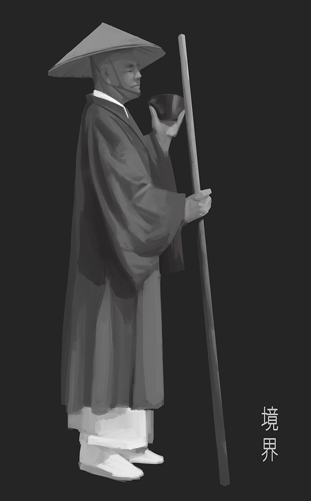 1boy, bowl, hat, japanese_clothes, monk, monochrome, robe, sbc