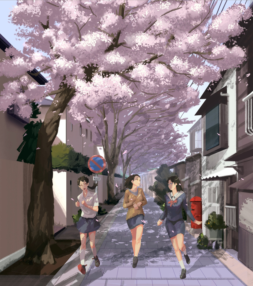 3girls, alley, black_hair, cherry_blossoms, highres, mailbox, mouth_hold, multiple_girls, no_symbol, ponytail, postbox, running, sbc, school_uniform, serafuku, short_hair, sidewalk, skirt