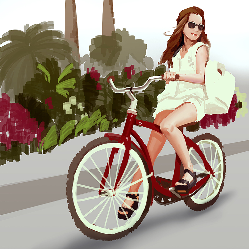1girl, bicycle, bicycle_riding, long_hair, original, sandals, sbc, sketch