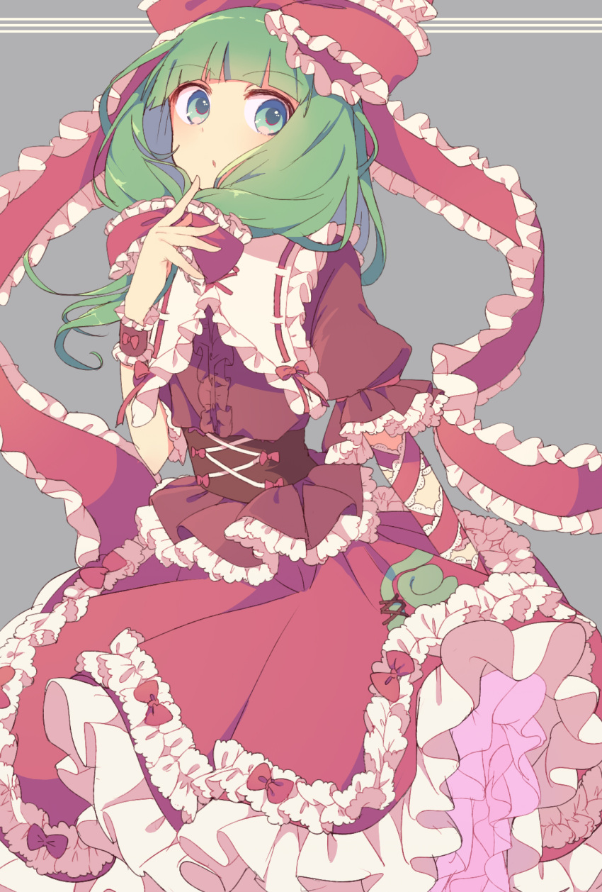 1girl, arm_wrap, blue_eyes, bow, busujima_(kusahana), corset, dress, frilled_dress