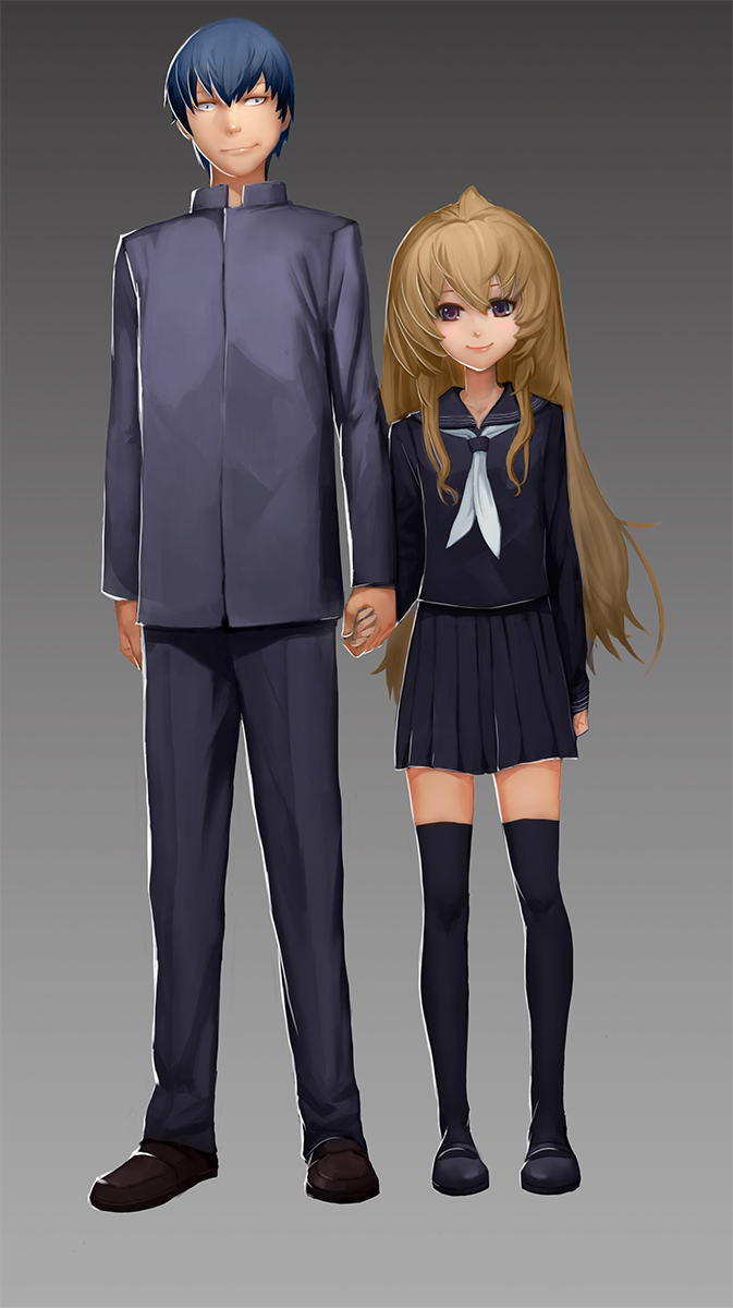 1boy, 1girl, aisaka_taiga, brown_eyes, brown_hair, highres, holding_hands, long_hair