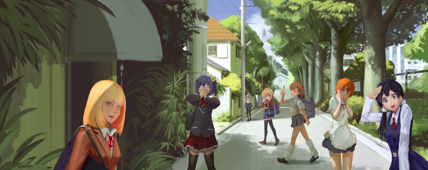 6+girls, absurdres, ahoge, aisaka_taiga, apron, bag, blonde_hair, blue_hair
