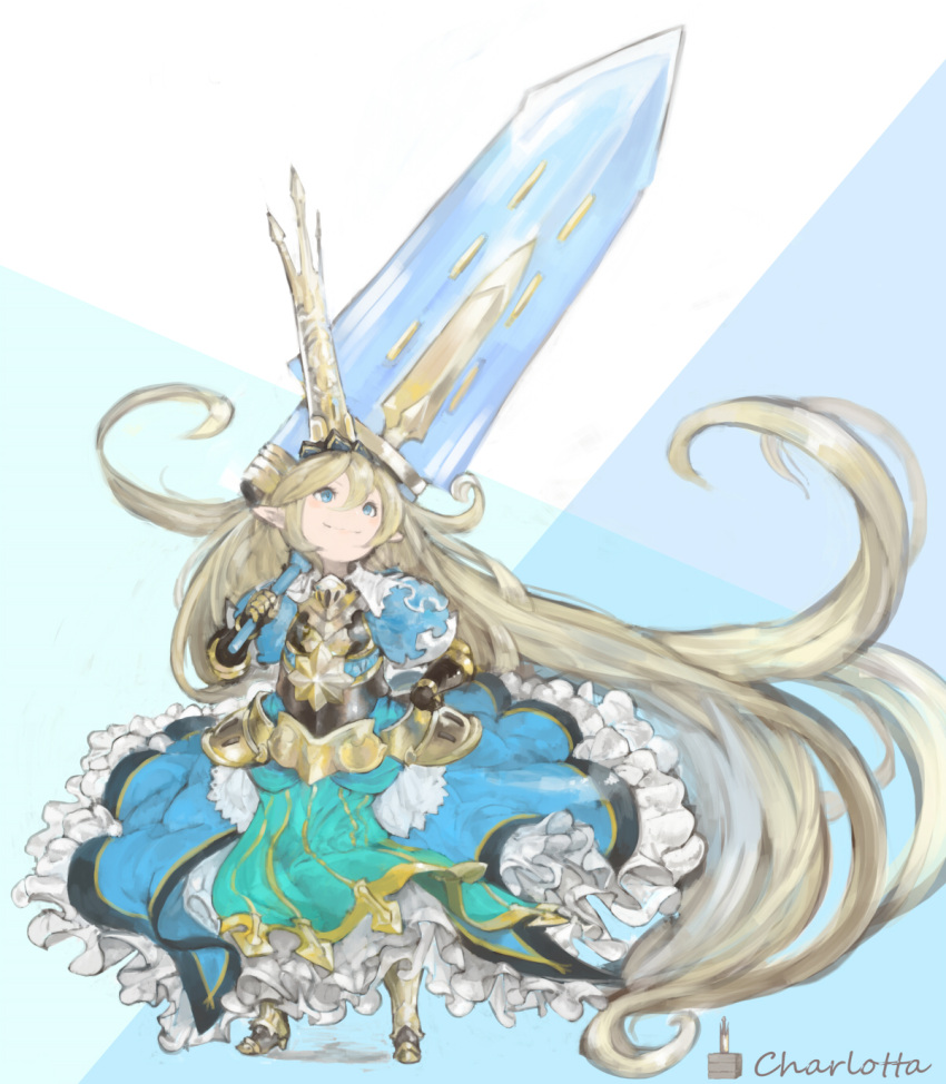 1girl, absurdly_long_hair, armor, armored_dress, bangs, blonde_hair, blue_dress, blue_eyes