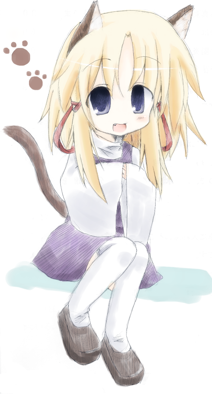 bad_id, blonde_hair, blue_eyes, blush, cat_ears, cat_tail, fang, hair_ribbon, highres, kemonomimi_mode, moriya_suwako, paw_print, ribbon, short_hair, sitting, solo, suzuayatenn, tail, thigh-highs, thighhighs, touhou, white_legwear, zettai_ryouiki