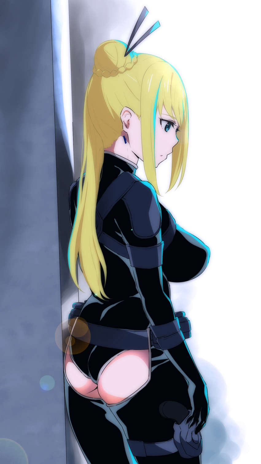 1girl, absurdres, ass, blonde_hair, blue_eyes, bodysuit, breasts, chopsticks