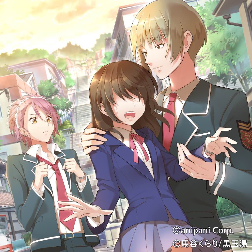 1girl, 2boys, binan_koukou_chikyuu_bouei-bu_love!, blazer, blush, brown_eyes, faceless, faceless_female