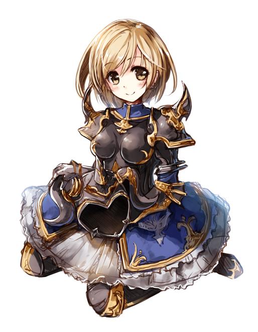 1girl, armor, armored_boots, armored_dress, black_armor, blonde_hair, blush, dark_fencer_(granblue_fantasy), dress, gauntlets, gita_(granblue_fantasy), granblue_fantasy, headwear_removed, helmet, helmet_removed, horned_helmet, horns, looking_away, looking_to_the_side, miyase_mahiro, pauldrons, short_hair, simple_background, sitting, smile, solo, spikes, wariza, white_background, yellow_eyes