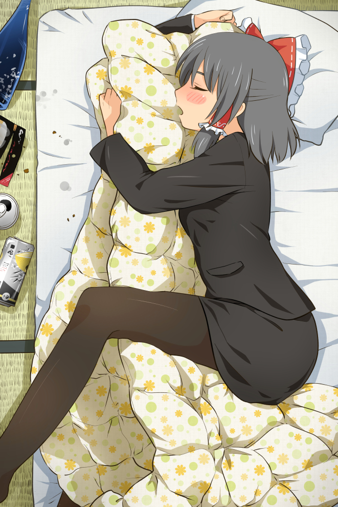 1girl, alternate_costume, beer_can, black_hair, black_skirt, blanket, blanket_hug, blush, bottle, bow, can, contemporary, cookie_(touhou), food, formal, futon, hair_bow, hair_tubes, hakurei_reimu, long_sleeves, meis_(terameisu), office_lady, pantyhose, pillow, sake_bottle, sananana, short_hair, skirt, skirt_suit, sleeping, solo, suit, touhou