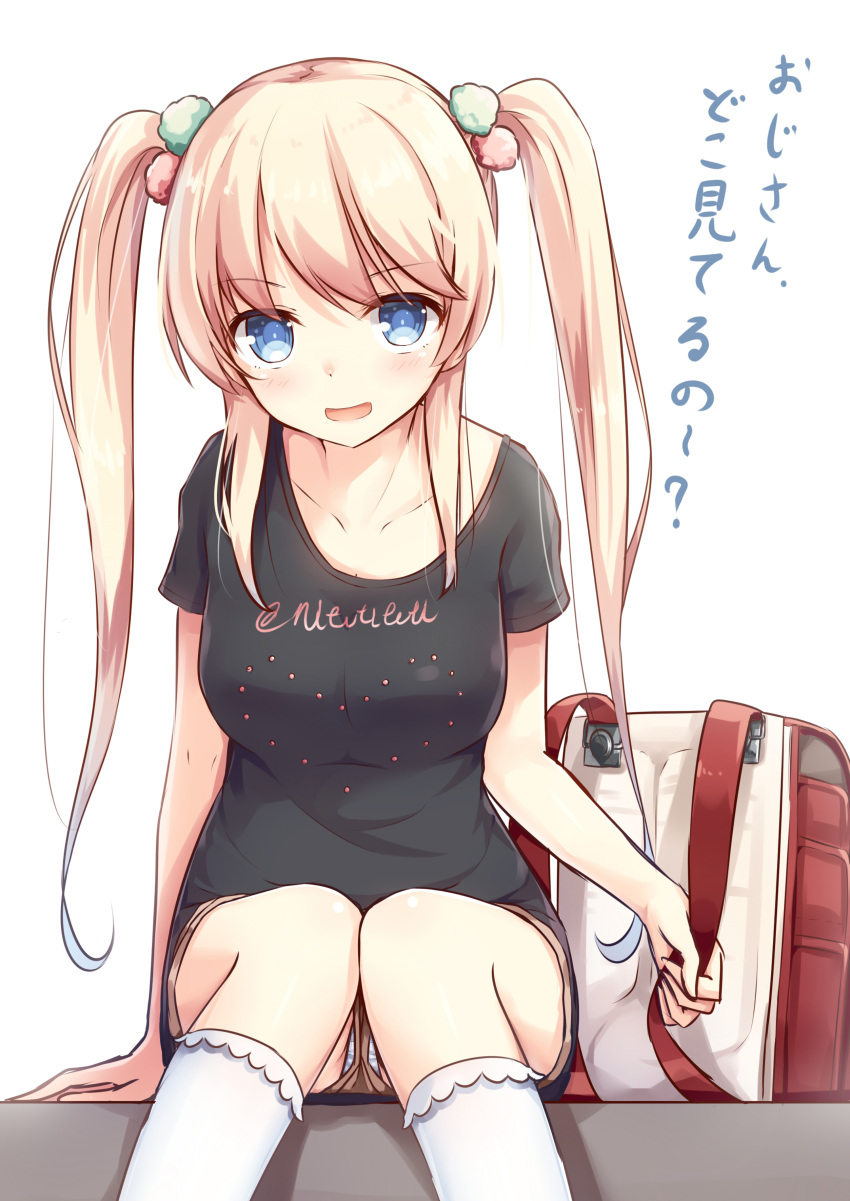 1girl, absurdres, backpack, bag, black_shirt, blonde_hair, blue_eyes, collarbone, commentary_request, hair_ornament, highres, kneehighs, long_hair, original, panties, pantyshot, randoseru, school_bag, shirt, shorts, sitting, sketch, solo, translation_request, tsuchikure_(3105mitoko), twintails, underwear, white_legwear