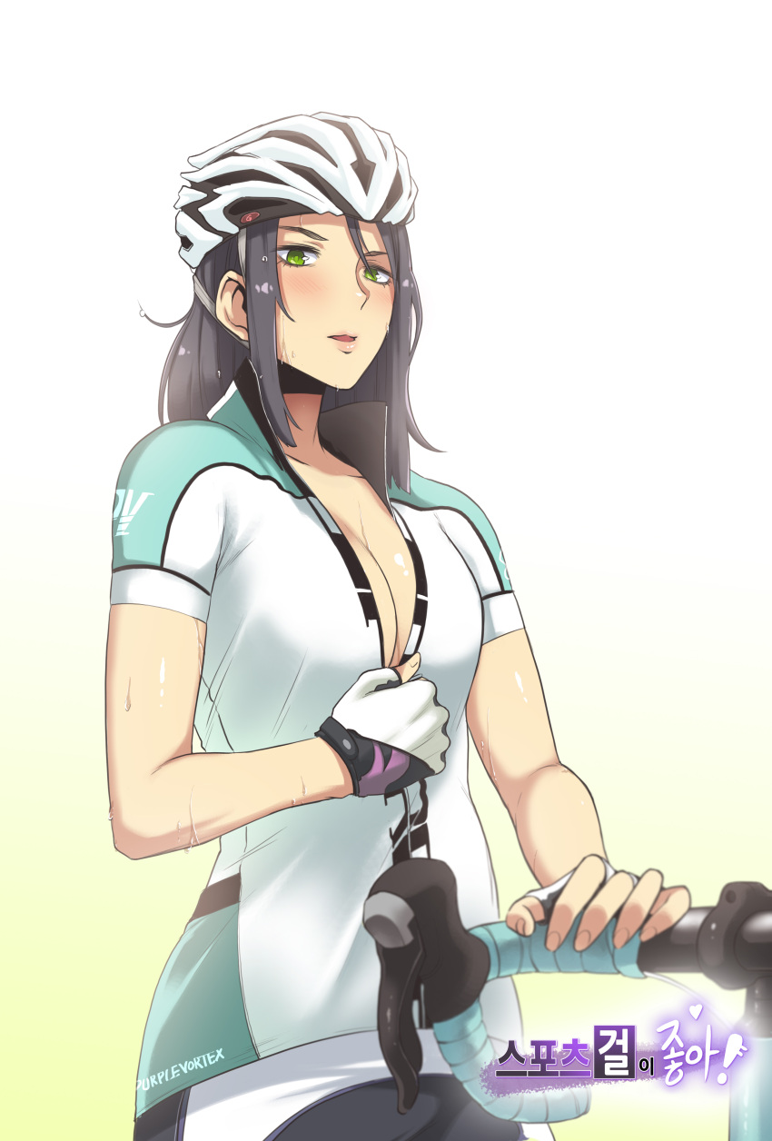 1girl, absurdres, artist_name, bicycle_helmet, black_hair, breasts, cleavage, gloves