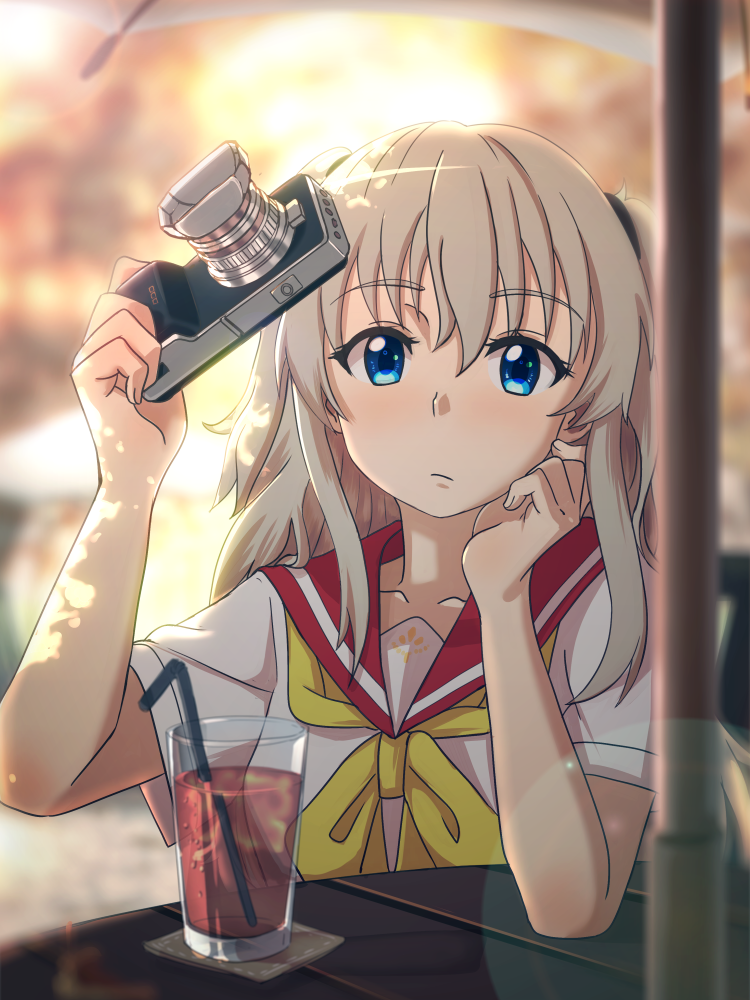 1girl, blue_eyes, camera, casino_(pixiv468133), charlotte_(anime), drink, long_hair, school_uniform