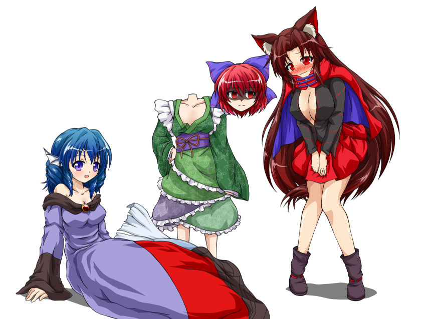 1girl, 3girls, animal_ears, blue_eyes, blue_hair, blush, bow, breast_envy, breasts, brooch, brown_hair, cape, cleavage, collarbone, cosplay, costume_switch, disembodied_head, dress, hair_bow, hand_on_hip, head_fins, highres, imaizumi_kagerou, imaizumi_kagerou_(cosplay), japanese_clothes, jewelry, kimono, large_breasts, long_hair, long_sleeves, looking_at_viewer, mermaid, monster_girl, multiple_girls, obi, open_mouth, red_eyes, redhead, sash, sekibanki, sekibanki_(cosplay), shaded_face, shirt, short_hair, simple_background, sitting, skirt, smile, tail, ten'yoku, touhou, very_long_hair, wakasagihime, wakasagihime_(cosplay), wavy_mouth, white_background, wide_sleeves, wolf_ears, wolf_tail