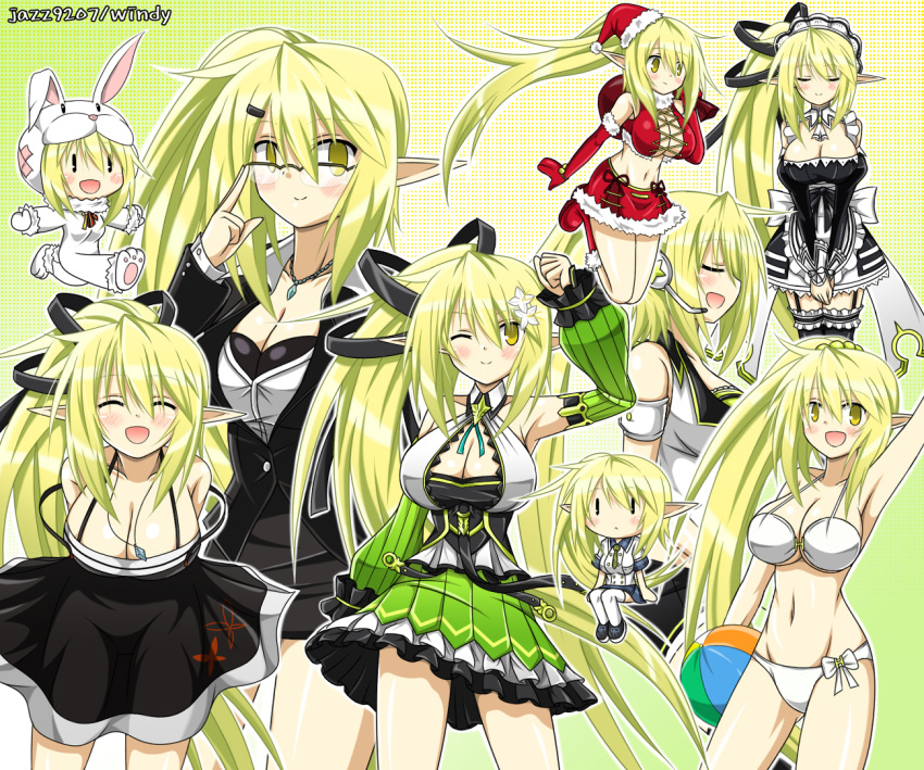 6+girls, alternate_costume, animal_costume, arm_up, armpits, artist_name, ball, beachball