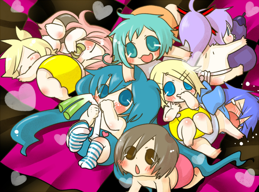 ahoge, aqua_eyes, aqua_hair, baby, blonde_hair, blue_eyes, blue_hair, blush, brown_eyes, brown_hair, eggplant, gumi, hatsune_miku, kagamine_len, kagamine_rin, kaito, kamui_gakupo, long_hair, megurine_luka, meiko, pink_hair, purple_hair, sabuibo_maru, short_hair, sleeping, smile, socks, spring_onion, striped, striped_socks, vocaloid, world_is_mine_(vocaloid)