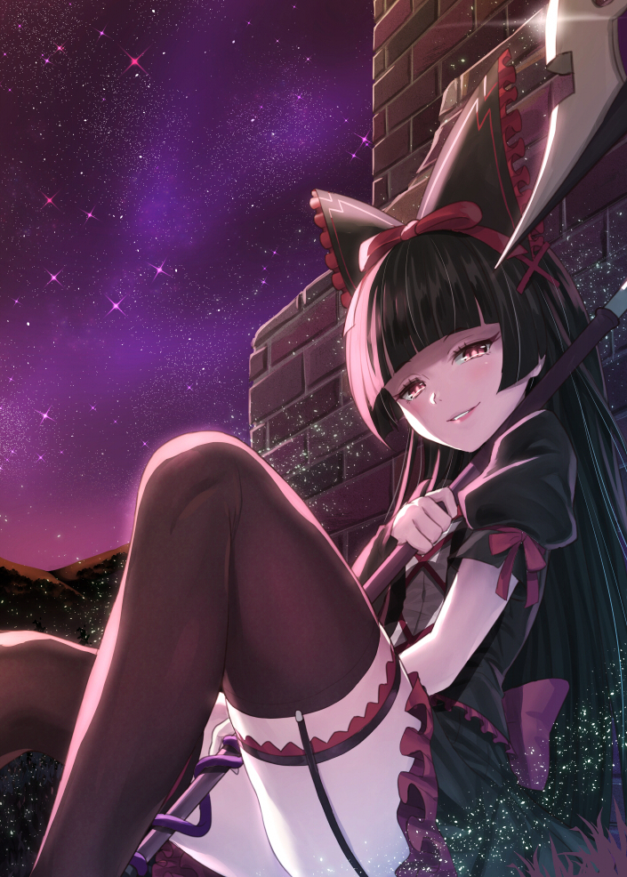 1girl, against_wall, black_hair, blush, bow, brick_wall, dress, garter_straps
