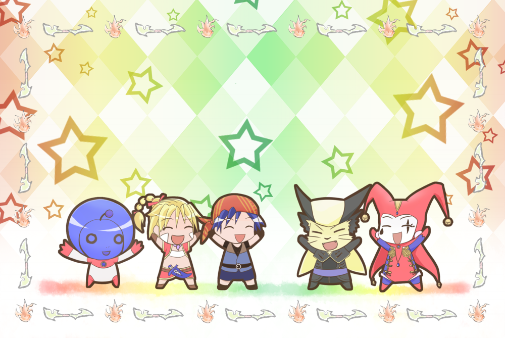 belt, cape, chibi, chrono_cross, closed_eyes, happy, harle, kid_(chrono_cross)