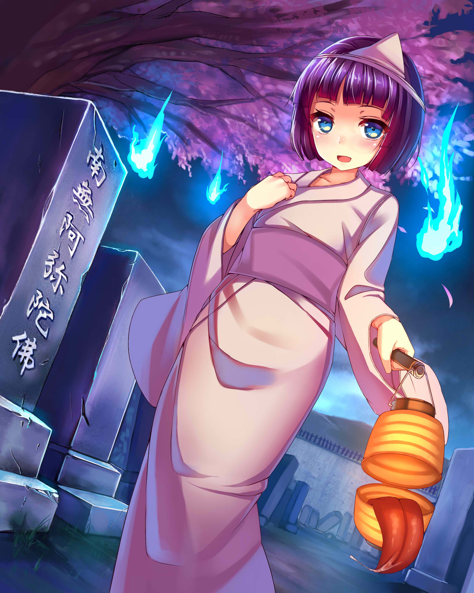 1girl, blue_eyes, blush, cherry_blossoms, dutch_angle, ghost, graveyard, headband