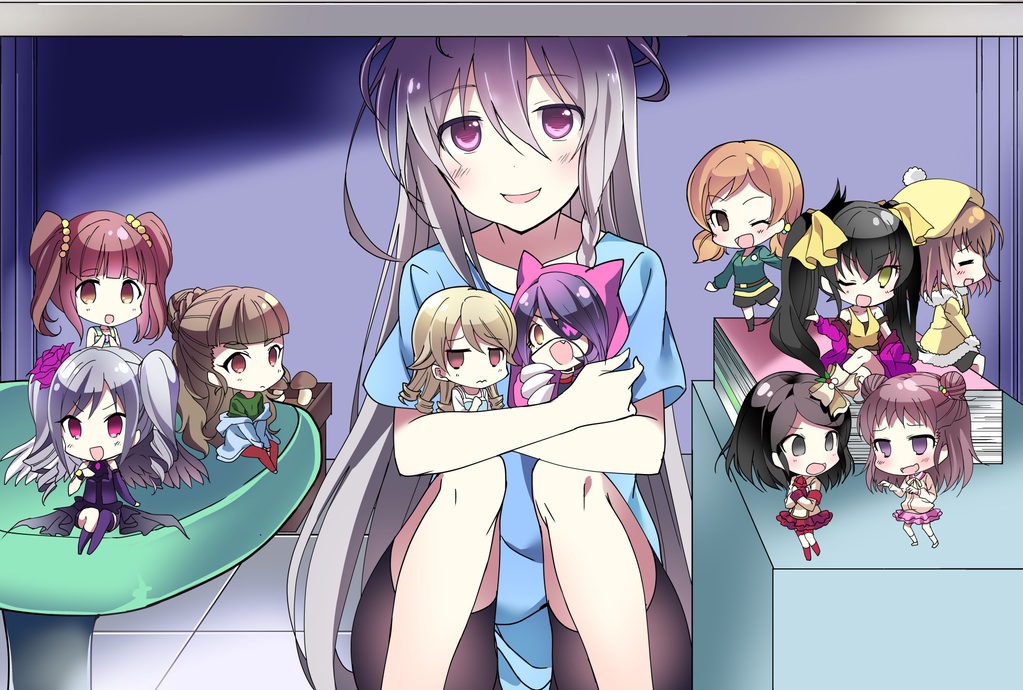 6+girls, bike_shorts, black_hair, brown_hair, chibi, eyepatch, hayasaka_mirei, hoshi_shouko