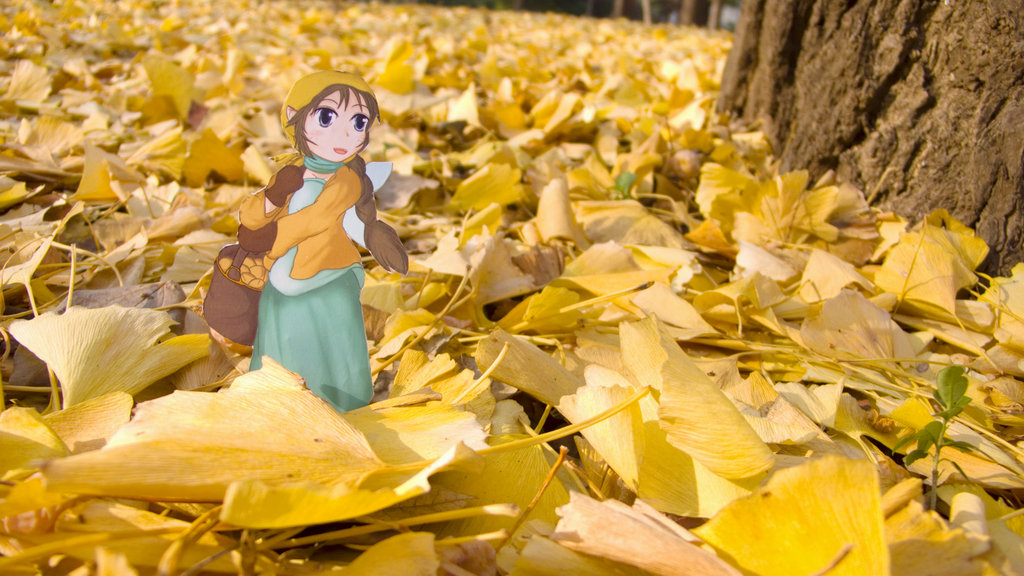 basket, brown_hair, ginkgo, ginkgo_nut, gloves, leaf, leaves, minigirl, original, outdoors, paper_child, papercraft, photo, ryo-yo, solo