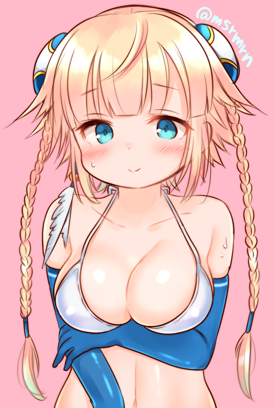 1girl, blonde_hair, blue_eyes, blue_gloves, blue_valkyrie_(p&amp;d), blush, braid, breast_lift