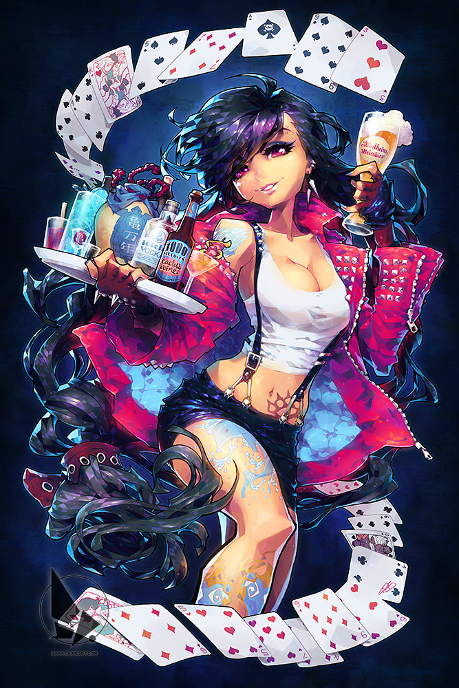 alcohol, barachan, beer, bottle, breasts, card, elbow_gloves, eyeshadow
