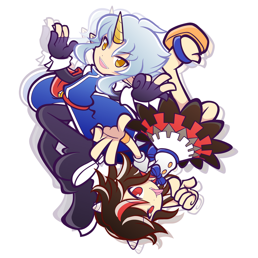 1boy, 1girl, black_hair, blue_hair, bow, character_request, demon_servant, dress