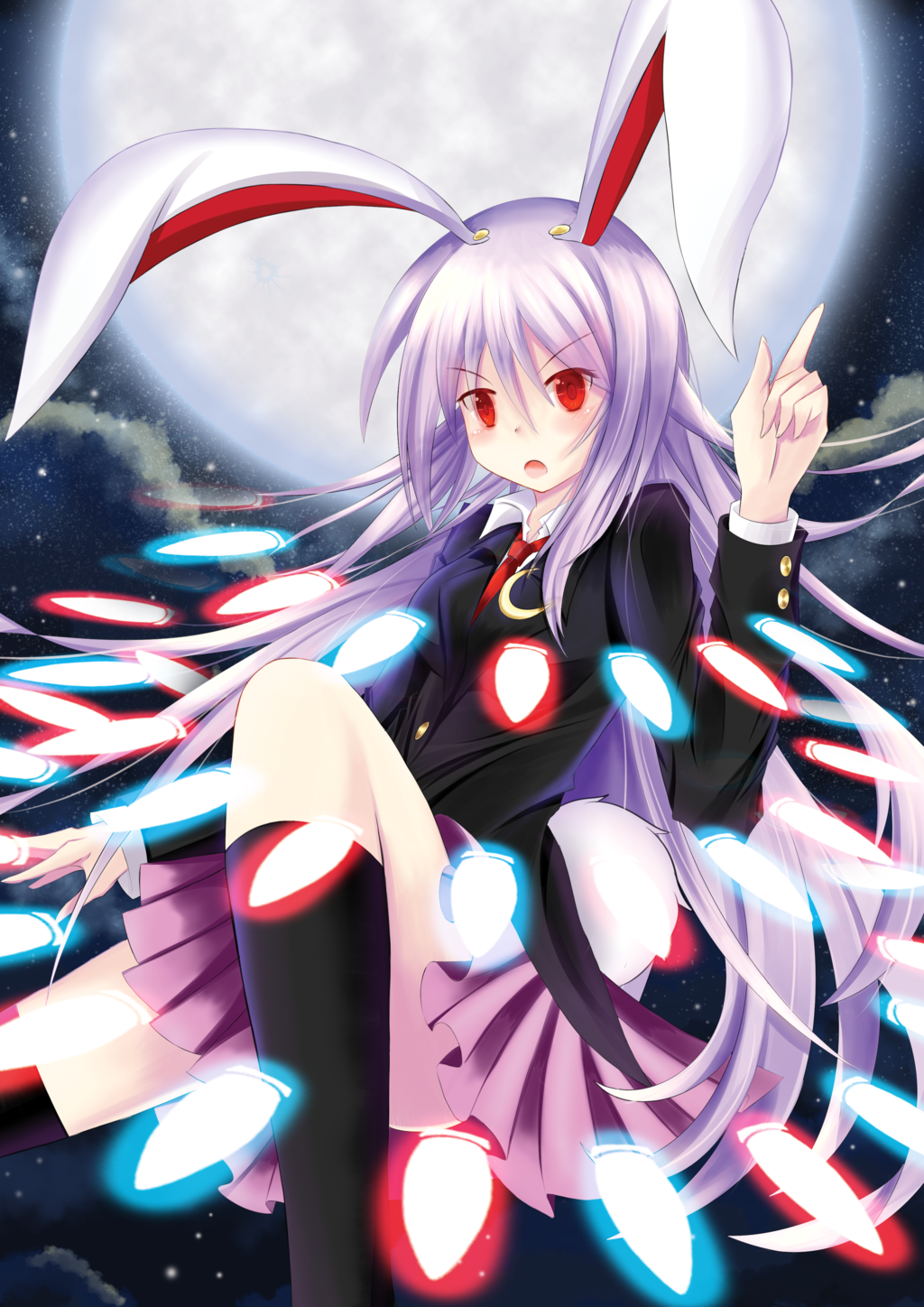 1girl, animal_ears, asusilver_(artist), black_legwear, blazer, bunny_tail, danmaku, glowing, glowing_eyes, highres, kneehighs, long_hair, looking_at_viewer, miniskirt, necktie, pleated_skirt, pointing_finger, purple_hair, rabbit_ears, red_eyes, reisen_udongein_inaba, skirt, solo, tail, touhou