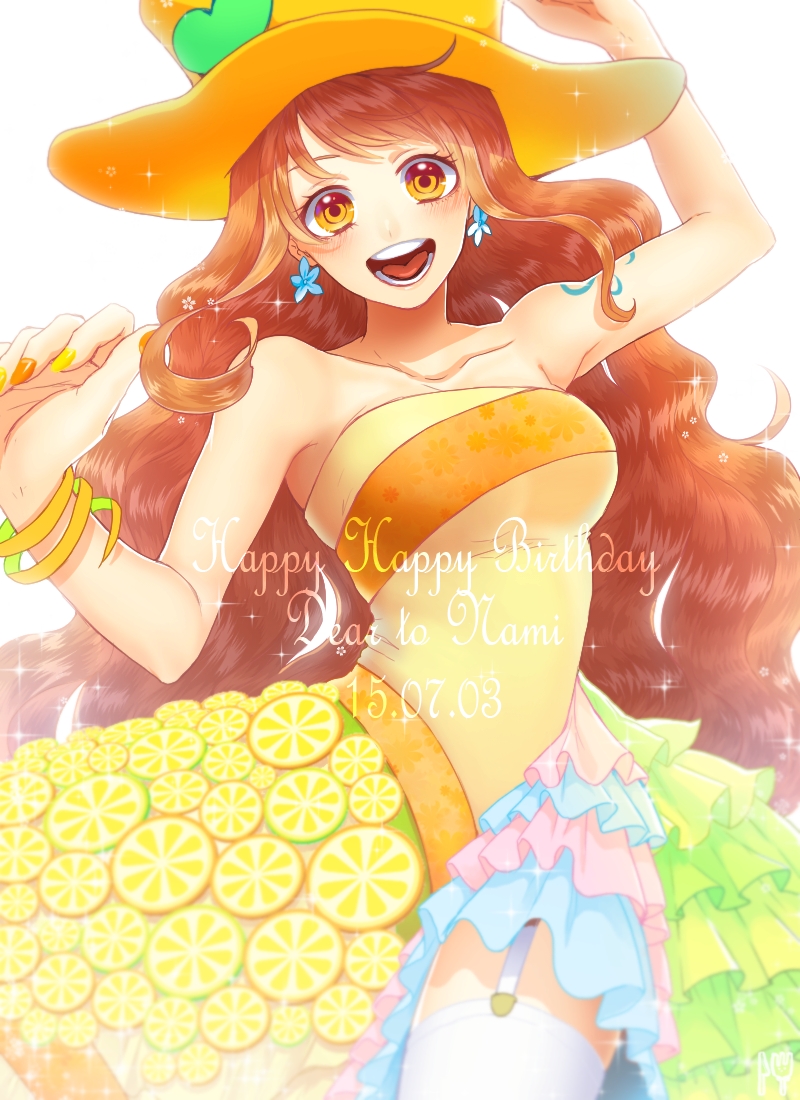 1girl, arm_up, bangs, bare_arms, bare_shoulders, birthday, blue_earrings, character_name