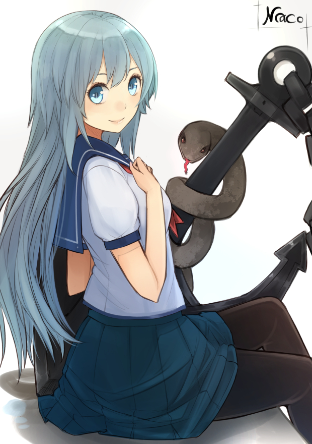 animal, blue_eyes, blue_hair, hand_on_heart, kodoku_usagi, looking_at_viewer, original, pantyhose, serafuku, smile, snake, solo, tongue