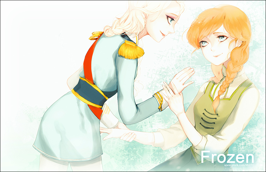 2girls, alternate_costume, anna_(frozen), blonde_hair, braid, couple, elsa_(frozen), eye_contact