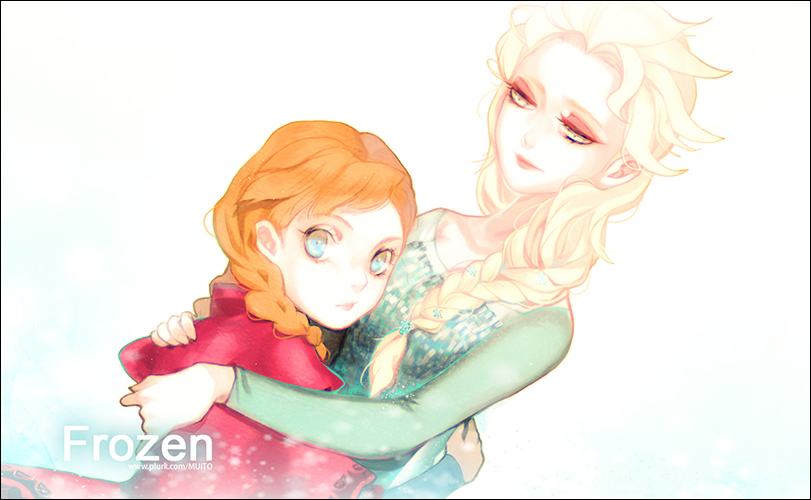 2girls, anna_(frozen), blonde_hair, braid, elsa_(frozen), frozen_(disney), hug, looking_at_viewer