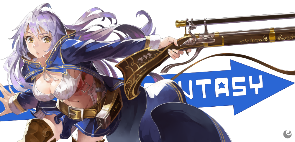 1girl, breasts, brown_eyes, directional_arrow, granblue_fantasy, gun, long_hair, rifle