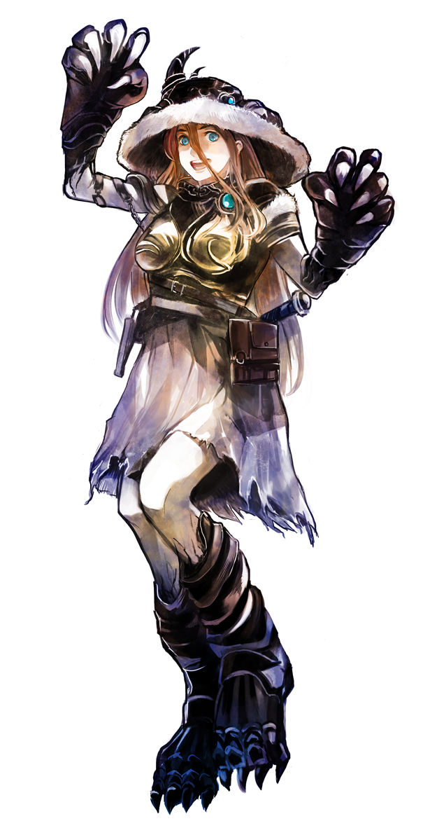 1girl, :d, blue_eyes, chain, claws, hair_between_eyes, hiro_(chumo), long_hair, open_mouth, orange_hair, original, oversize_forearms, oversized_limbs, simple_background, skirt, smile, solo, torn_clothes, torn_skirt, white_background, white_skirt