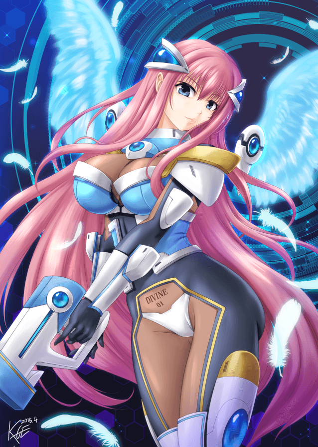 1girl, blue_eyes, breasts, cleavage, divine_heart_makina, energy_gun, gun, handgun