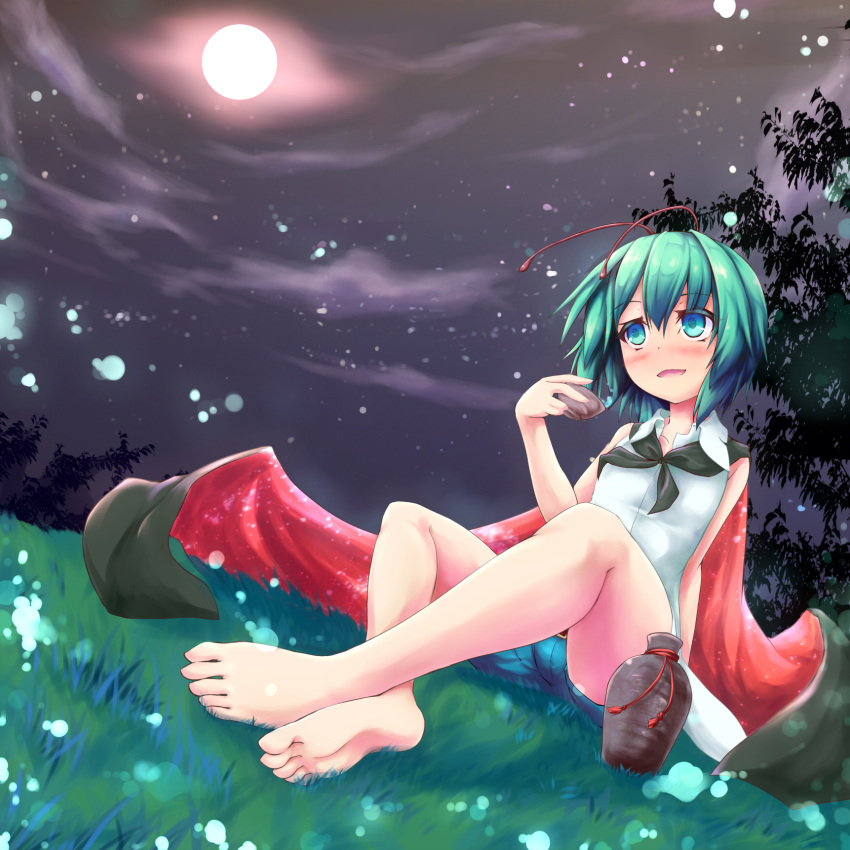 1girl, antennae, barefoot, blush, cape, choko_(cup), dutch_angle, feet