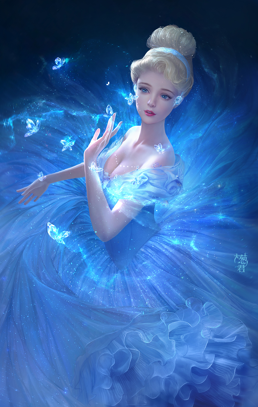 1girl, bare_shoulders, blonde_hair, blue, blue_dress, blue_eyes, breasts, butterfly