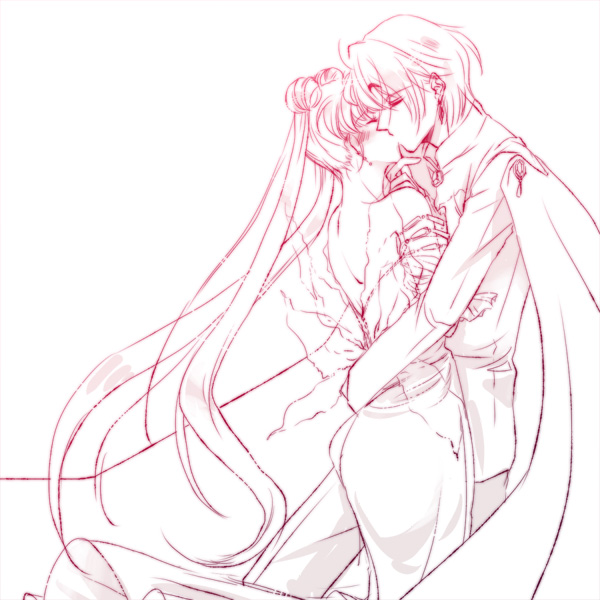 1boy, 1girl, bare_back, bishoujo_senshi_sailor_moon, blush, bonta_kana, cape, closed_eyes, commentary_request, double_bun, dress, hetero, holding, kiss, long_hair, monochrome, open-back_dress, prince_diamond, short_hair, tsukino_usagi, twintails, very_long_hair