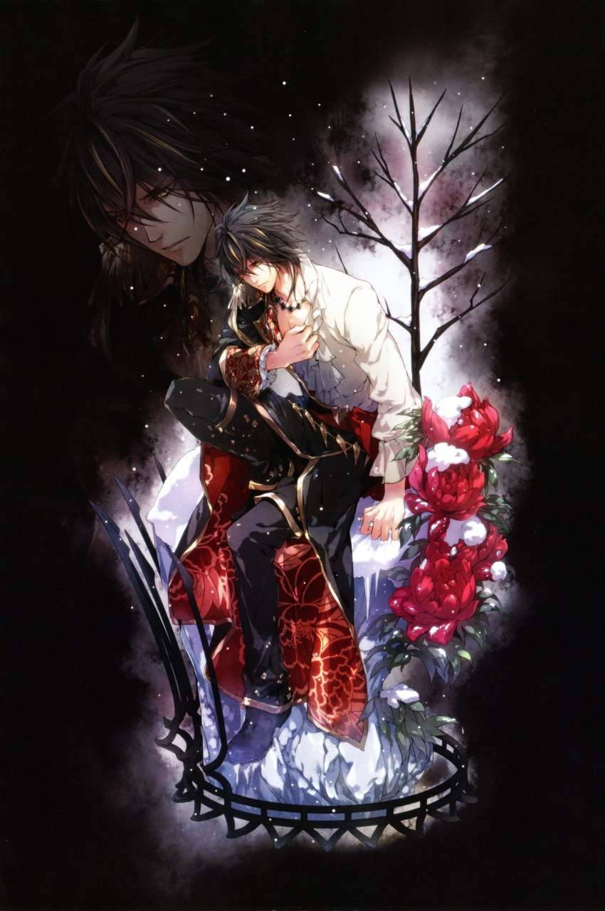 absurdres, arm_support, bare_tree, bent_knees, branch, design_factory, epaulettes, flower