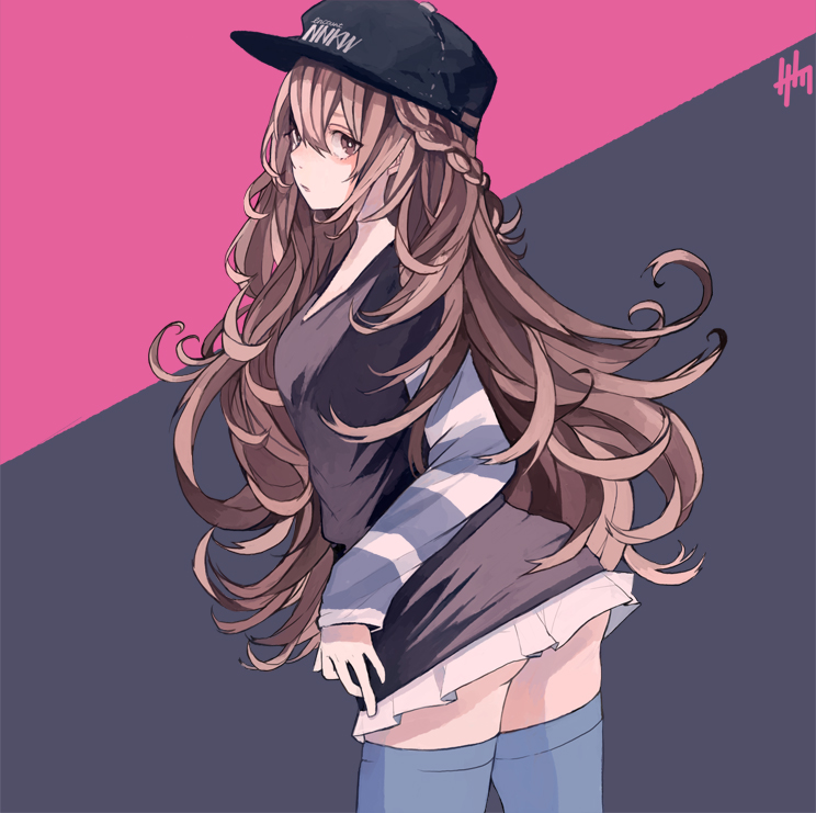1girl, ass, blue_legwear, braid, brown_hair, hat, long_hair, looking_at_viewer