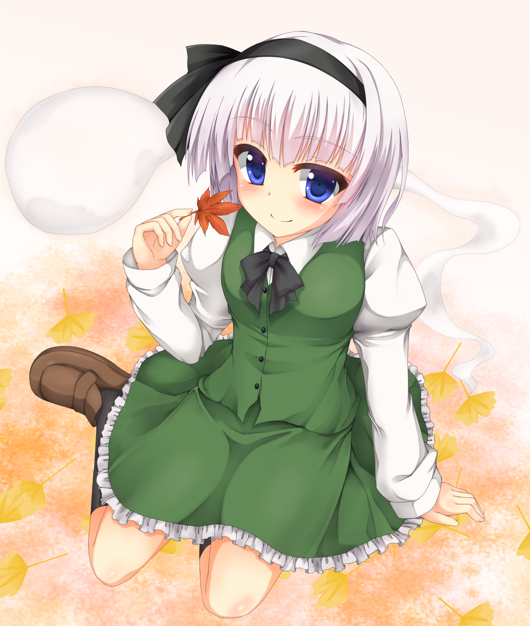 1girl, arm_support, autumn_leaves, black_legwear, blue_eyes, ginkgo_leaf, gradient, gradient_background