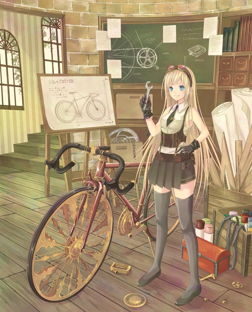 1girl, bicycle, black_gloves, blonde_hair, blue_eyes, book, bookshelf, box