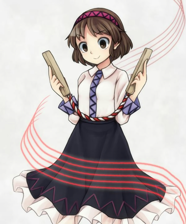 1girl, brown_eyes, brown_hair, hairband, instrument, short_hair, skirt, smile, solo, touhou, tsukumo_yatsuhashi, ys_(fall)